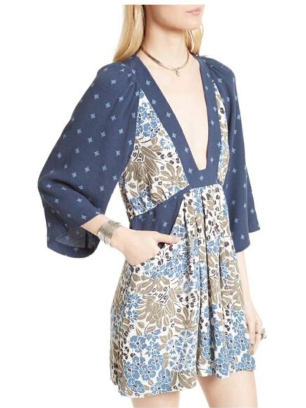 Free People Tellulah  Blue Floral V-Neck Dress